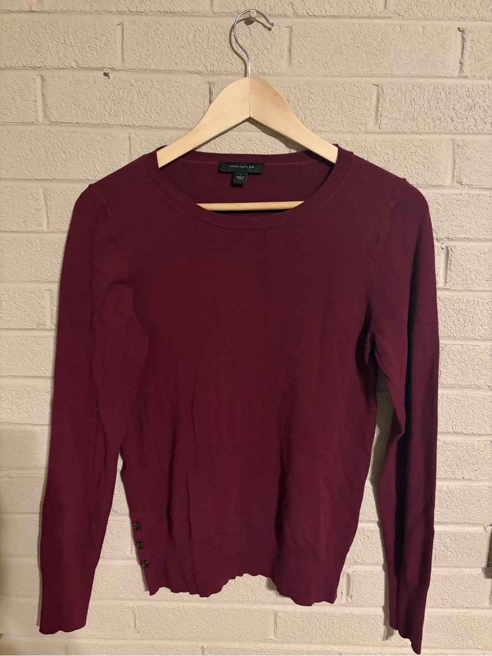 Ann Taylor Burgundy Crewneck Sweater with Hem Buttons